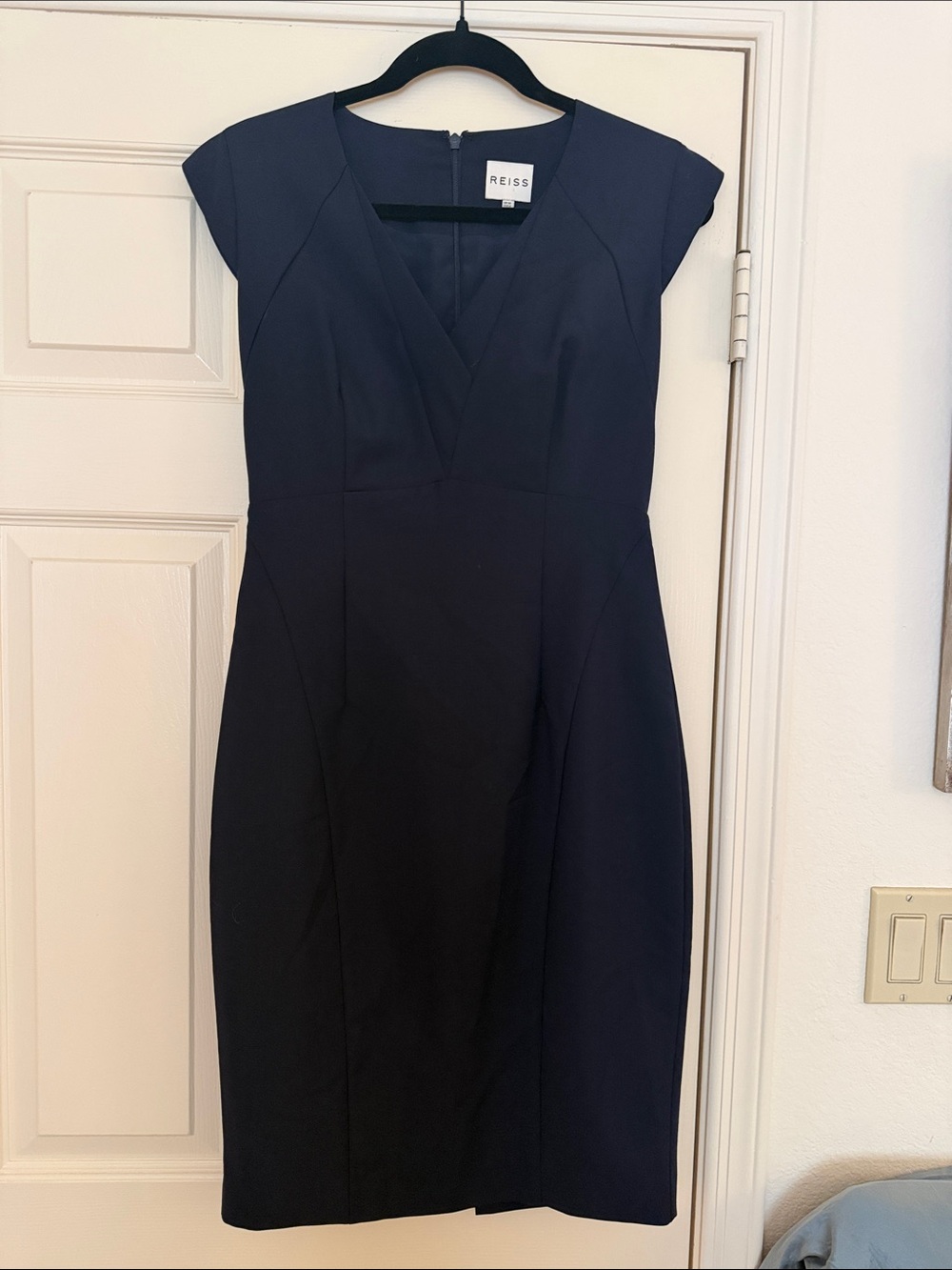 Reiss Navy V-Neck Cap Sleeve Midi Dress